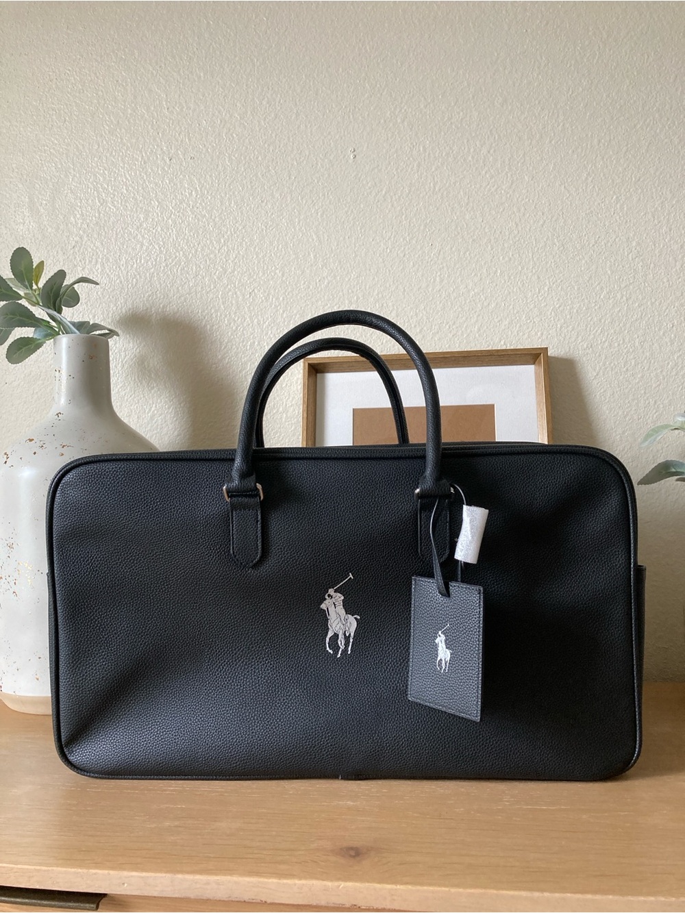 Polo by Ralph Lauren Fragrance Black Leather Duffel weekender bag Silver Logo